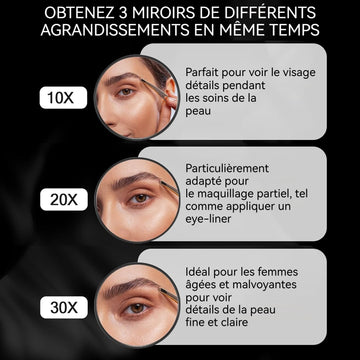 Miroir 10X 20X 30X 3PCS miroir de maquillage grossissant petit miroir avec ventouse et pince pointue pour le maquillage de voyage